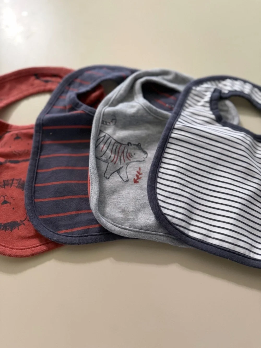 Baby Bib Set - Striped and Animal Print - Navy, Gray, Red set of 4